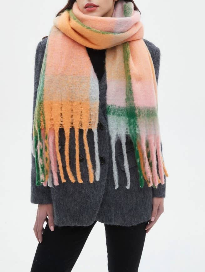 Bold Check Fringed Blanket Wrap Scarf
