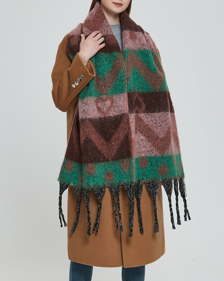 Geometric Colour Block Tassel Wrap Scarf
