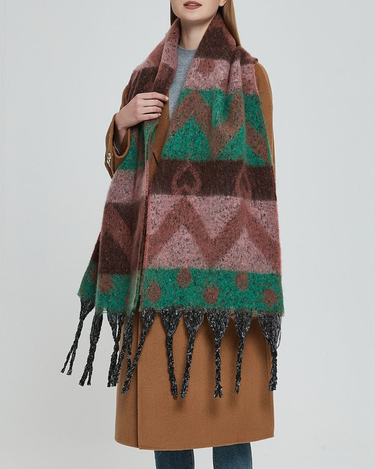 Geometric Colour Block Tassel Wrap Scarf