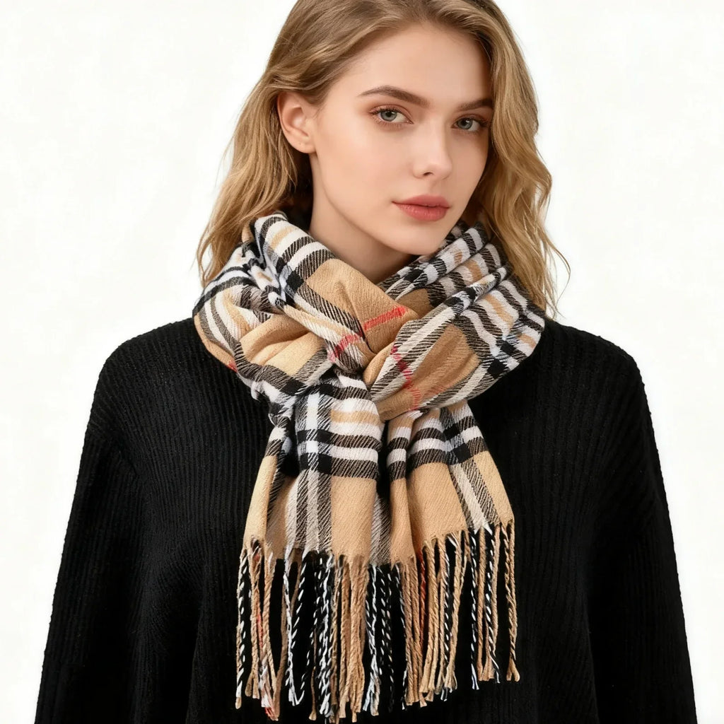 Women's Plaid Scarf – Soft Warm Checked Tassel Shawl Wrap